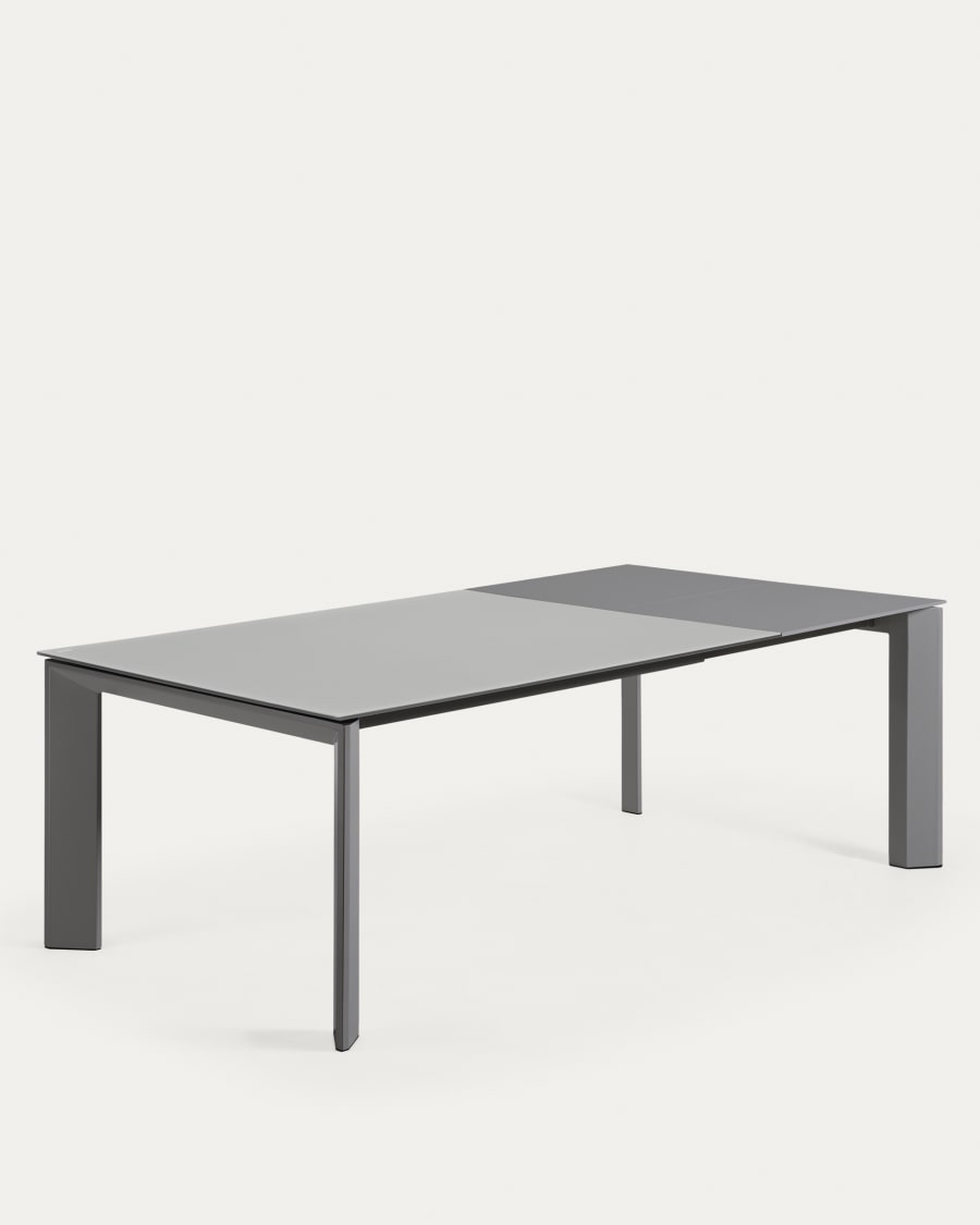 Axis extendable table in grey glass with steel legs in a dark grey finish, 160 (220) cm