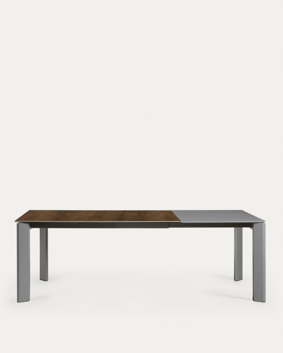Axis extendable porcelain table with Iron Corten finish and dark grey steel legs, 160 (220) cm