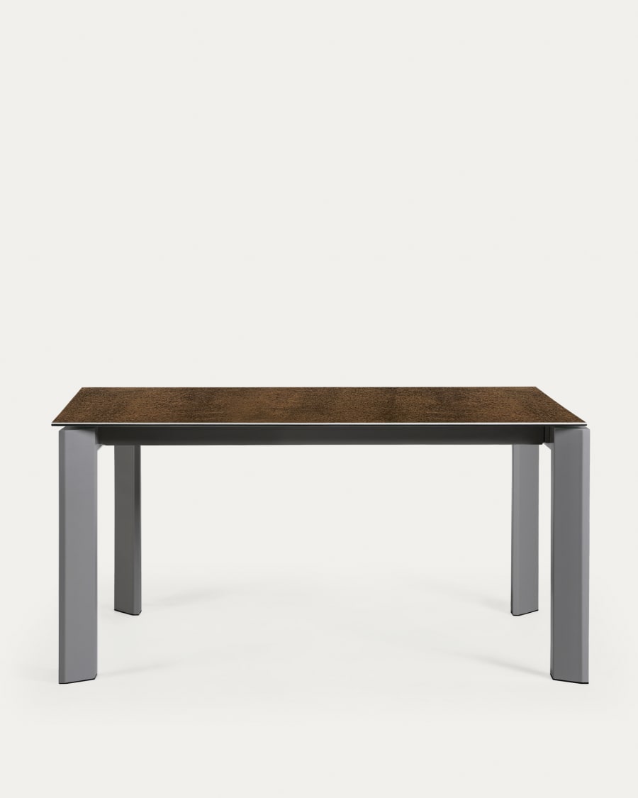 Axis extendable porcelain table with Iron Corten finish and dark grey steel legs, 160 (220) cm