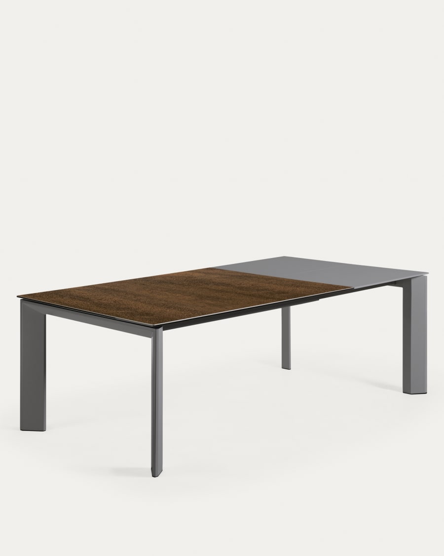 Axis extendable porcelain table with Iron Corten finish and dark grey steel legs, 160 (220) cm