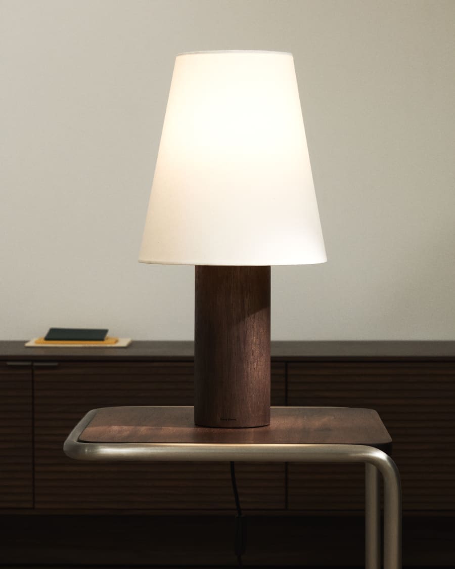 Marga table lamp made from solid rubber wood with dark finish UK adapter