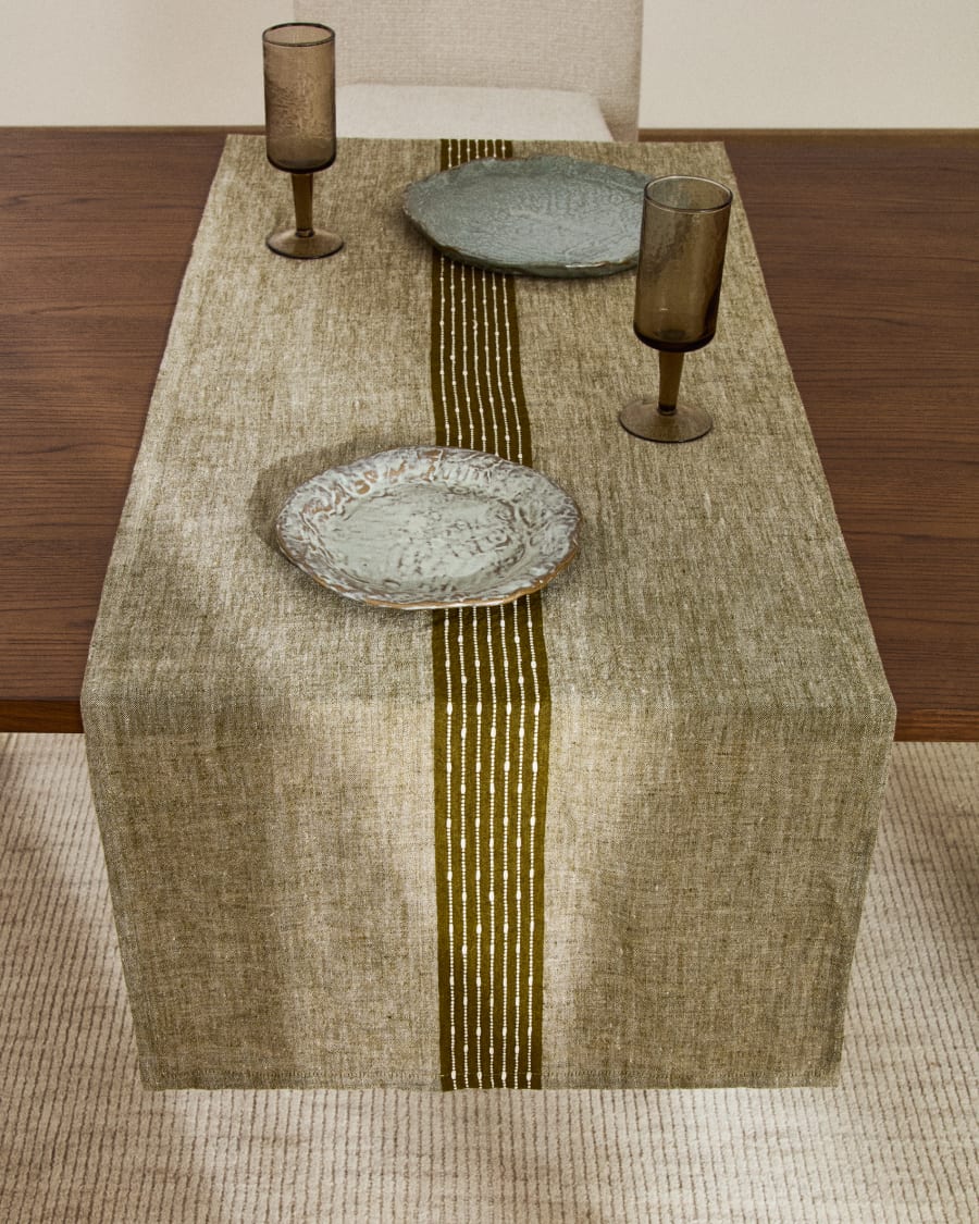 Runner da tavola Calena in jacquard di lino con riga centrale verde 50 x 150 cm