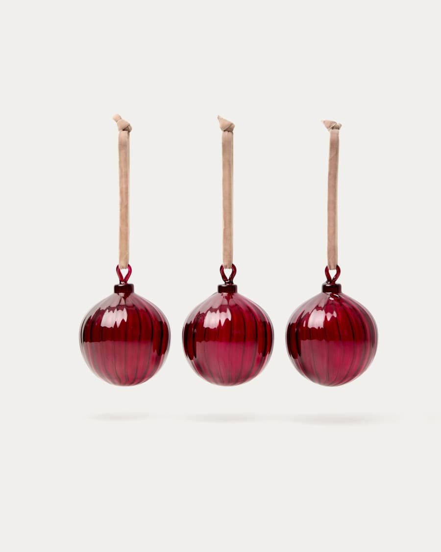 Oranel set of 3 red recycled glass hanging ornaments Ø 8 cm