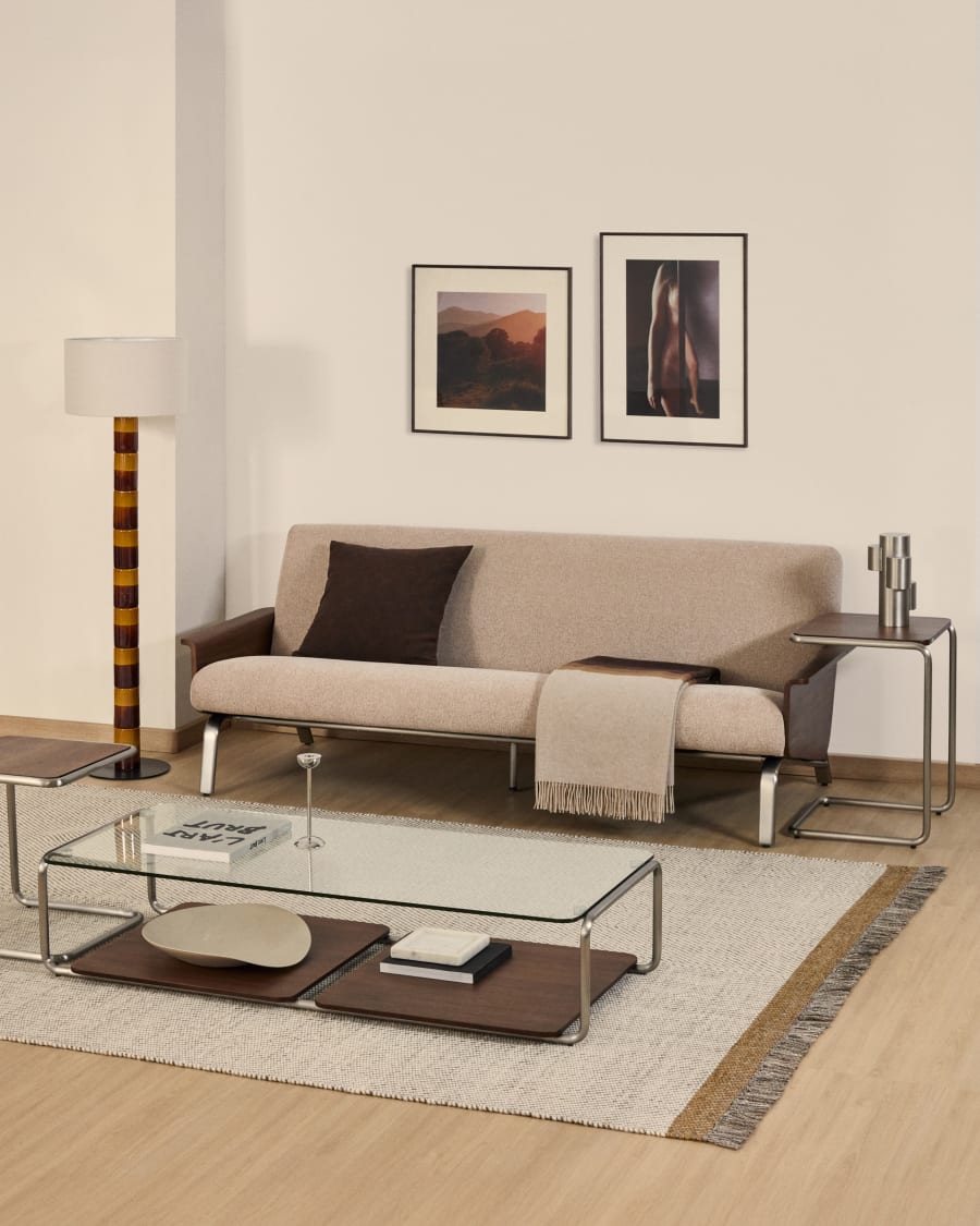 Amsen light brown 3-seater sofa in walnut plywood with brushed stainless steel legs 190cm FSC 100%