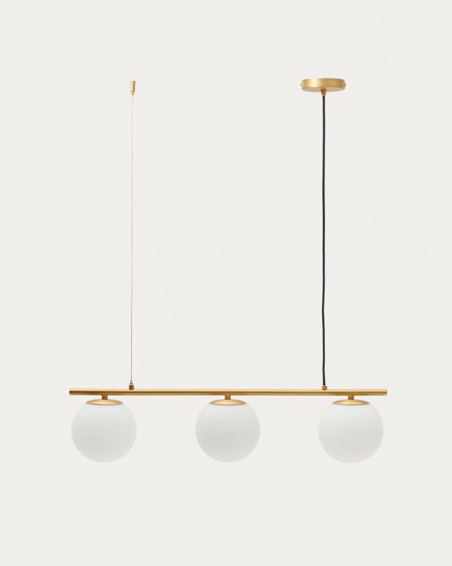 Lampada da soffitto Brisia in metallo con finitura in ottone spazzolato e 3 sfere di vetro satinato Ø15 cm