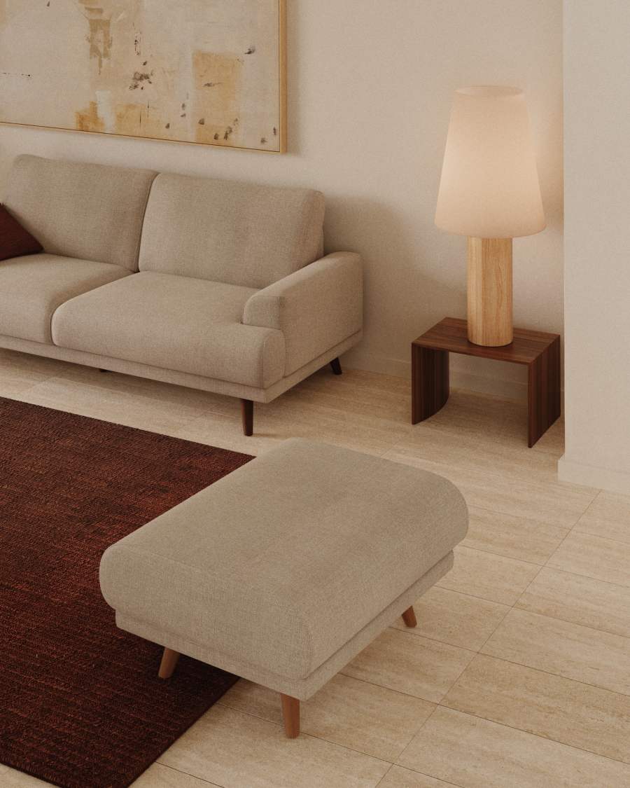 Karin footrest in beige chenille with solid beech wood legs 90 x 70 cm