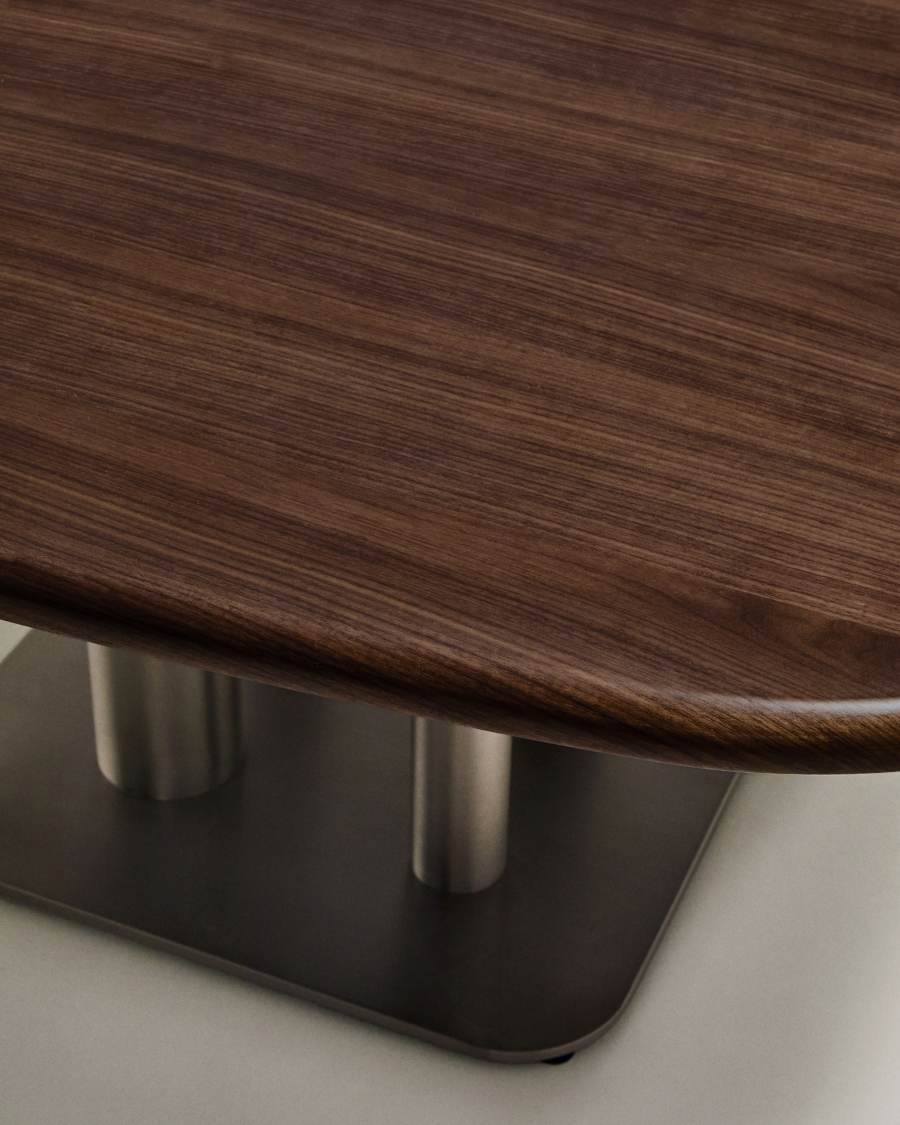 Melvar table made from FSC 100% walnut veneer and legs with brushed stainless steel base 121 x 121cm