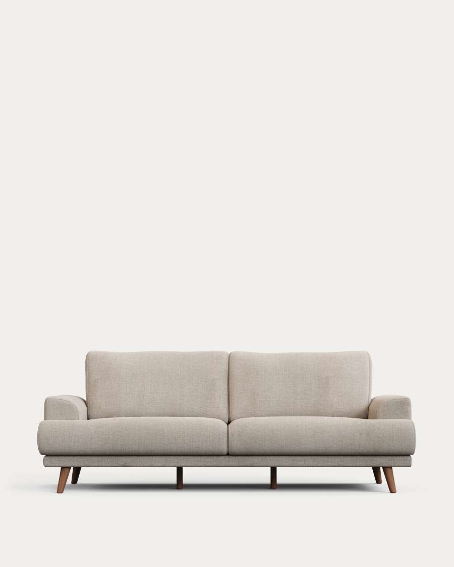 Karin 3-seater sofa beige with solid beech wood legs with natural finish, 231 cm