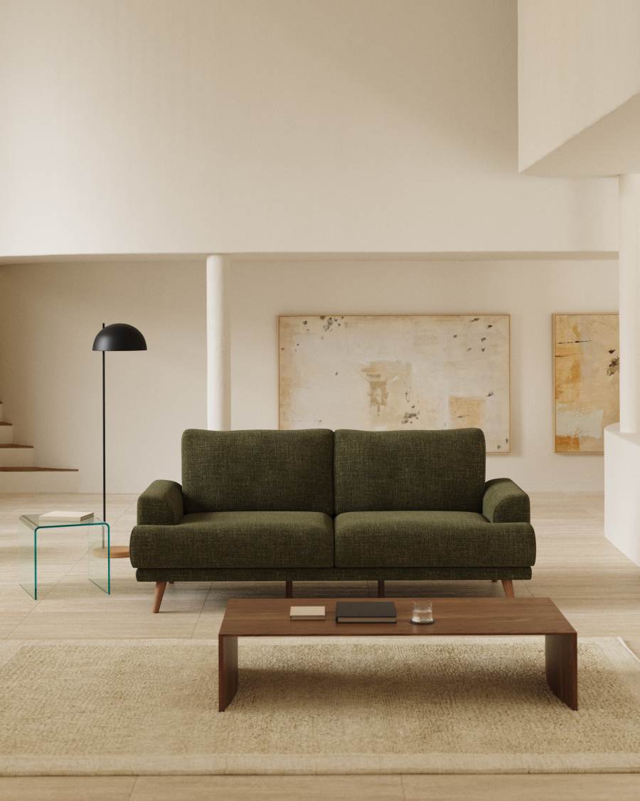 Karin 3-seater sofa green with solid beech wood legs with walnut-effect finish, 231 cm