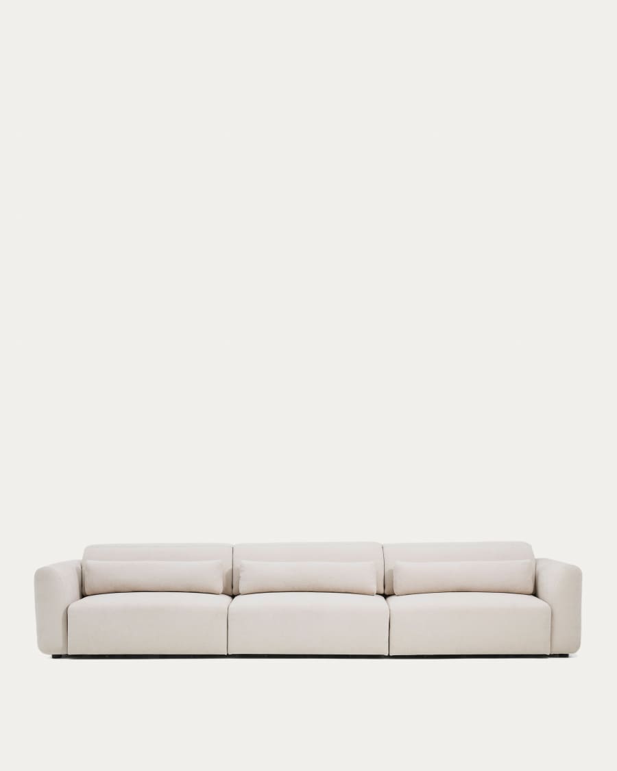 Lares 6-seater sofa with motorised sliding seats and reclining headrest in beige chenille 410cm