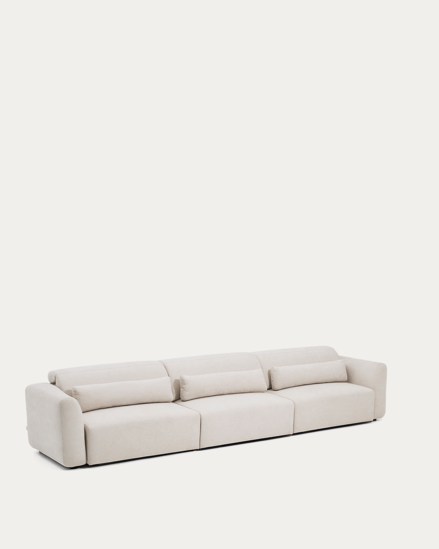 Lares 6-seater sofa with motorised sliding seats and reclining headrest in beige chenille 410cm