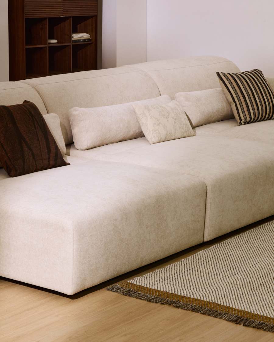 Lares 6-seater sofa with motorised sliding seats and reclining headrest in beige chenille 410cm