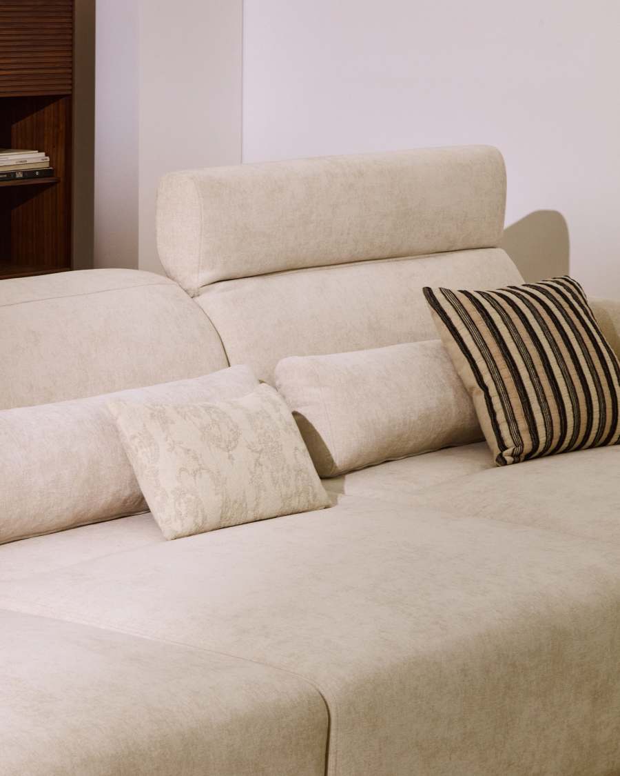 Lares 6-seater sofa with motorised sliding seats and reclining headrest in beige chenille 410cm