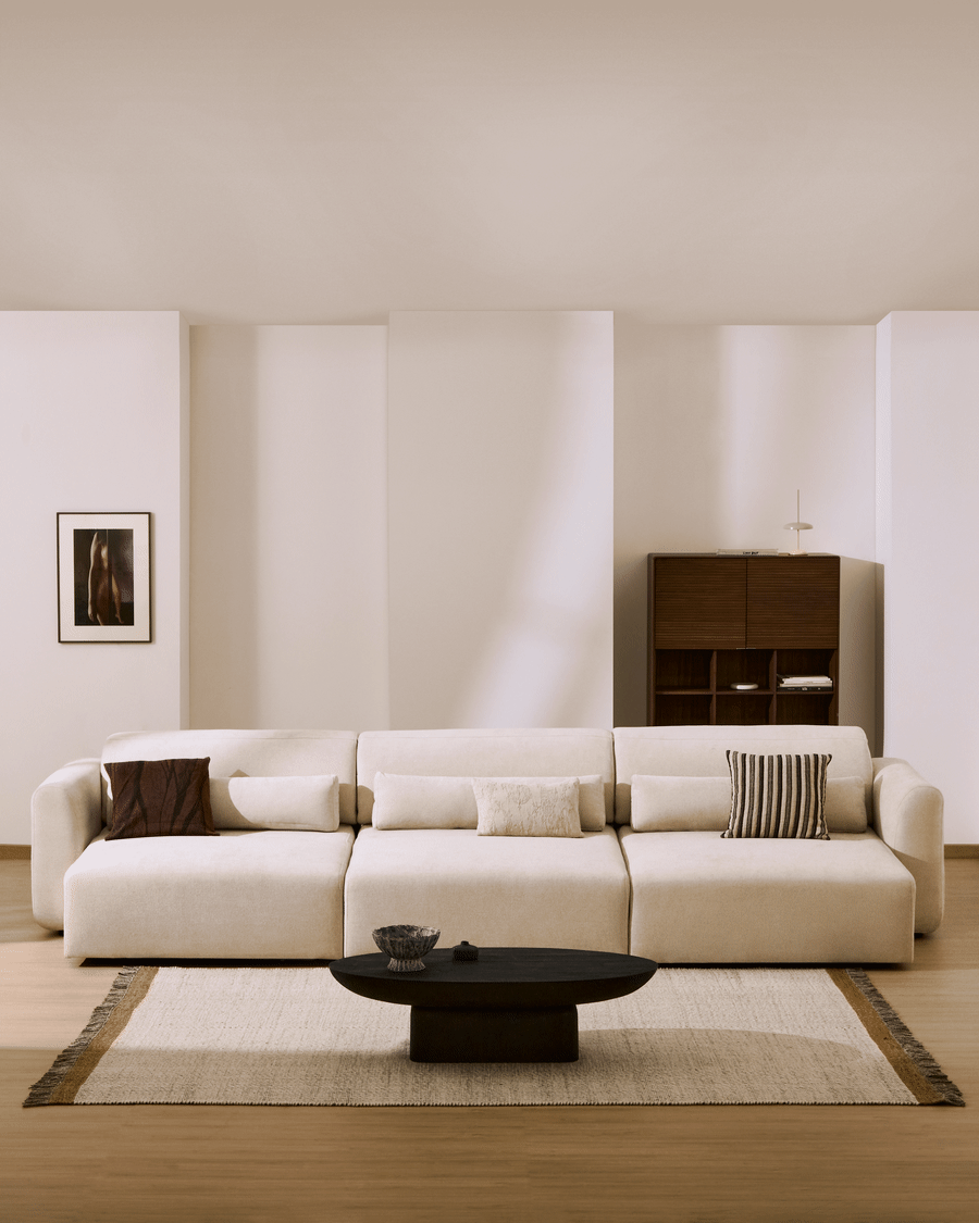 Lares 6-seater sofa with motorised sliding seats and reclining headrest in beige chenille 410cm