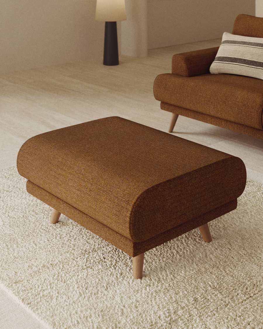 Karin footrest in dark orange chenille with solid beech wood legs 90 x 70 cm