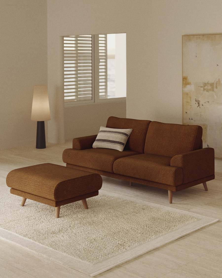 Karin footrest in dark orange chenille with solid beech wood legs 90 x 70 cm