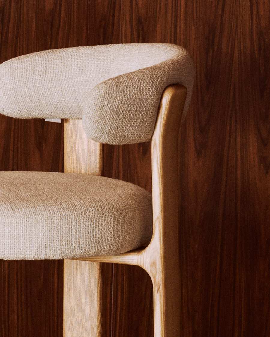 Granite stool made of beige chenille and solid ash wood with natural tone finish FSC 100% 75cm