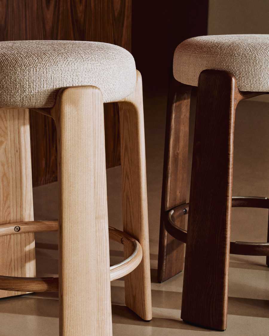 Granite stool in beige chenille and solid ash wood with natural tone finish FSC 100% 65cm