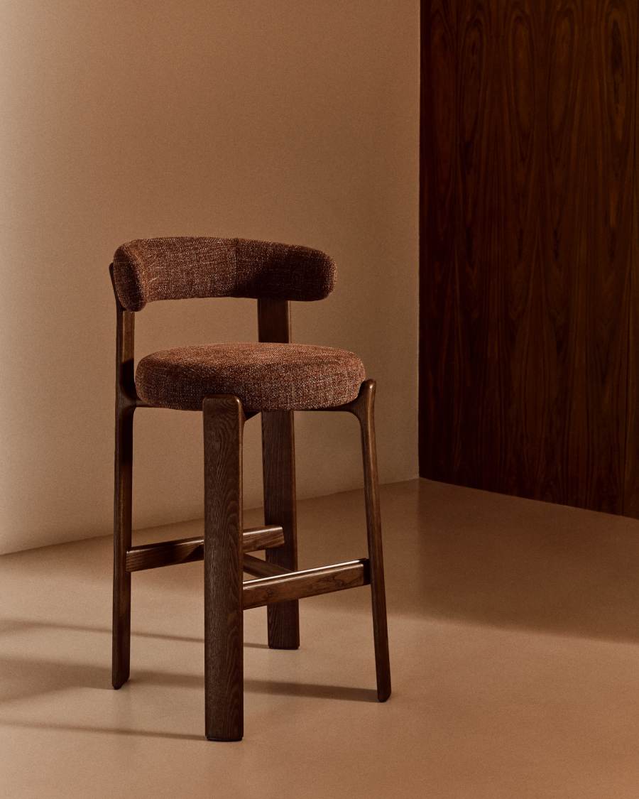 Granite stool in brown chenille and solid ash wood with walnut-coloured finish FSC 100% 75cm