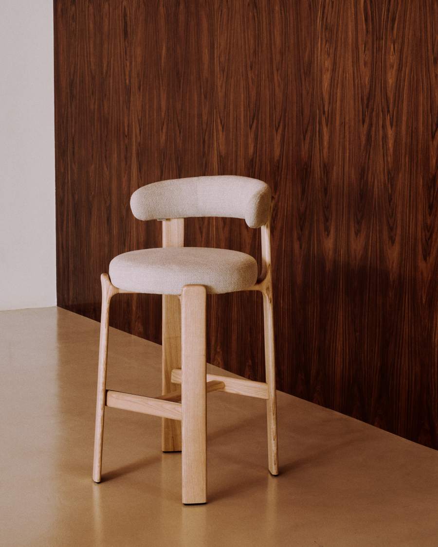 Granite stool made of beige chenille and solid ash wood with natural tone finish FSC 100% 75cm