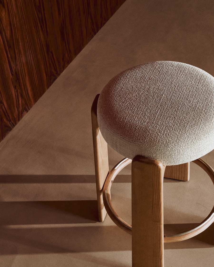 Granite stool in beige chenille and solid ash wood with natural tone finish FSC 100% 65cm