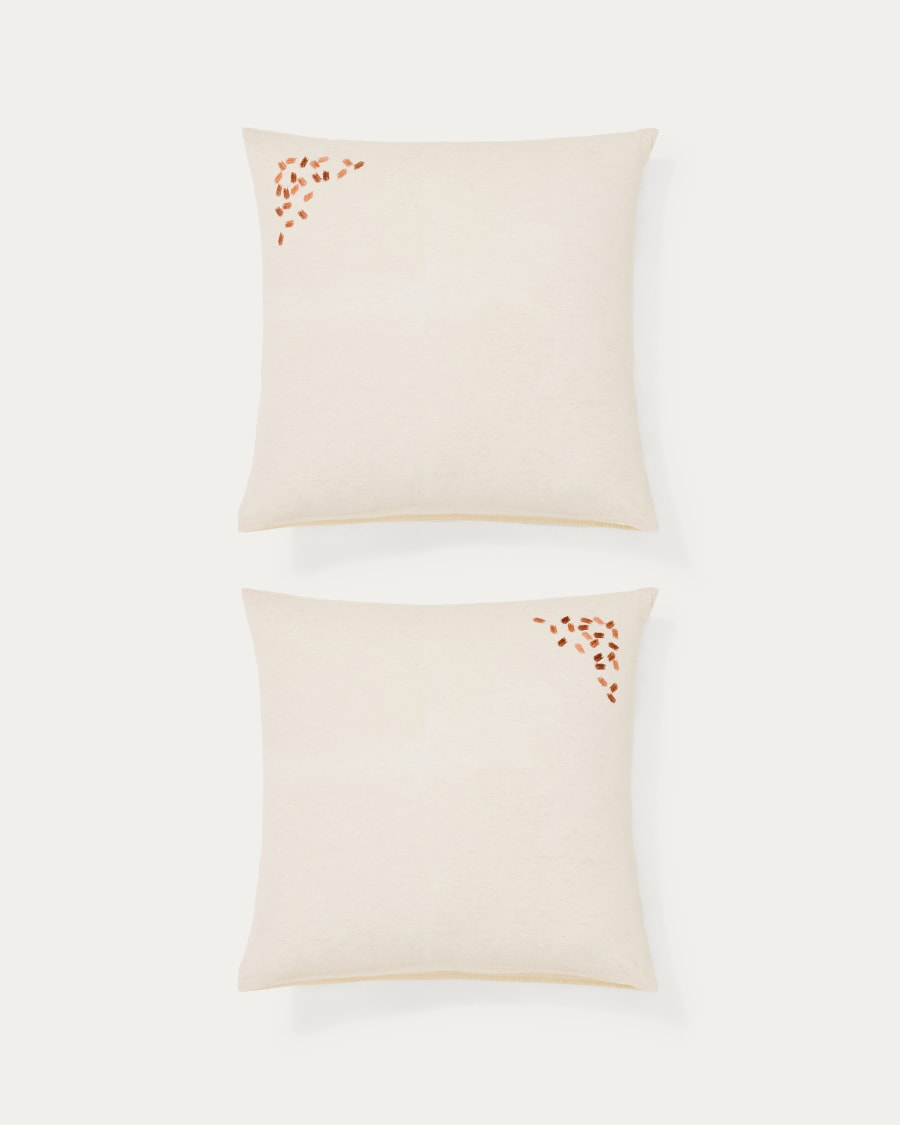 Virelda set of 2 beige cotton and linen pillow cases with embroidery detail 65 x 65 cm