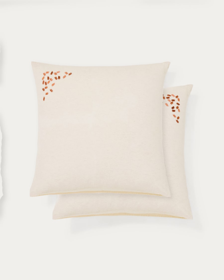 Virelda set of 2 beige cotton and linen pillow cases with embroidery detail 65 x 65 cm
