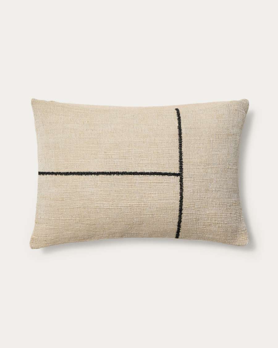 Kissenhülle Anvera aus beigefarbener Viskose-Jacquard mit schwarzen Kontrastlinien 40 x 60 cm