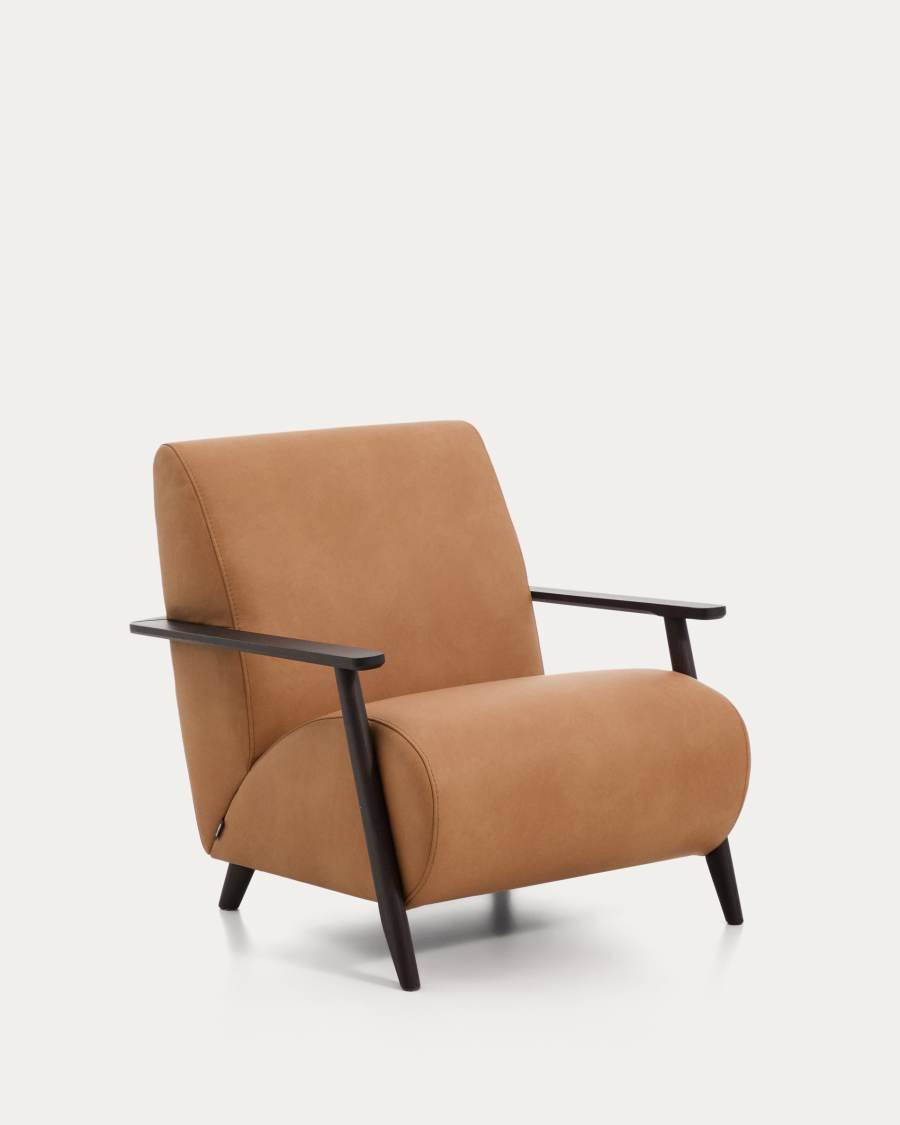 Meghan armchair in brown leather and solid ash wood with wenge-coloured finish FSC Mix Credit