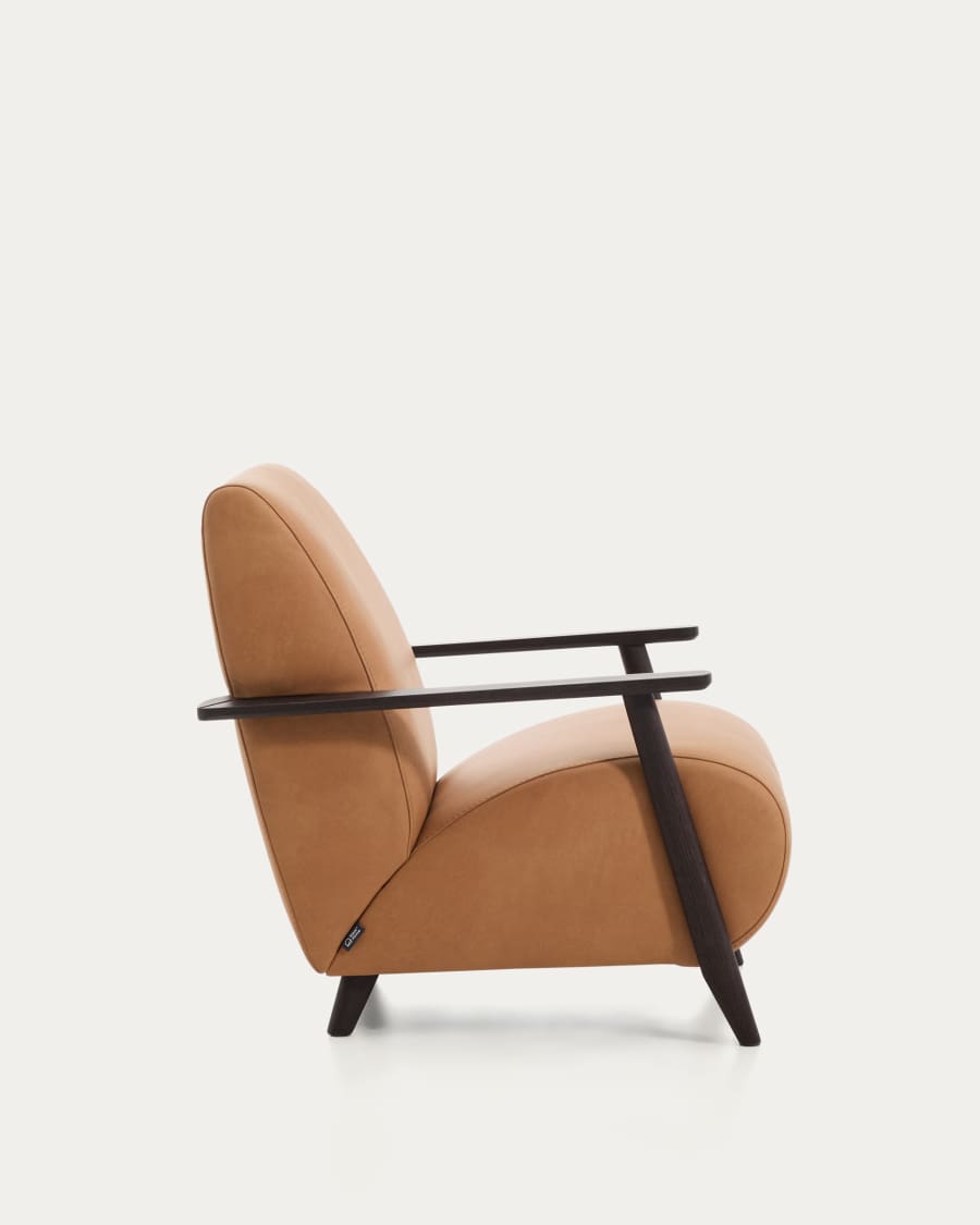 Meghan armchair in brown leather and solid ash wood with wenge-coloured finish FSC Mix Credit