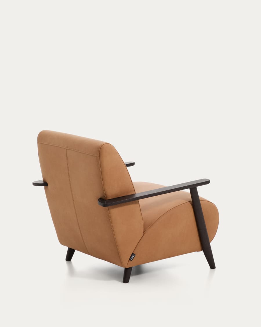 Meghan armchair in brown leather and solid ash wood with wenge-coloured finish FSC Mix Credit