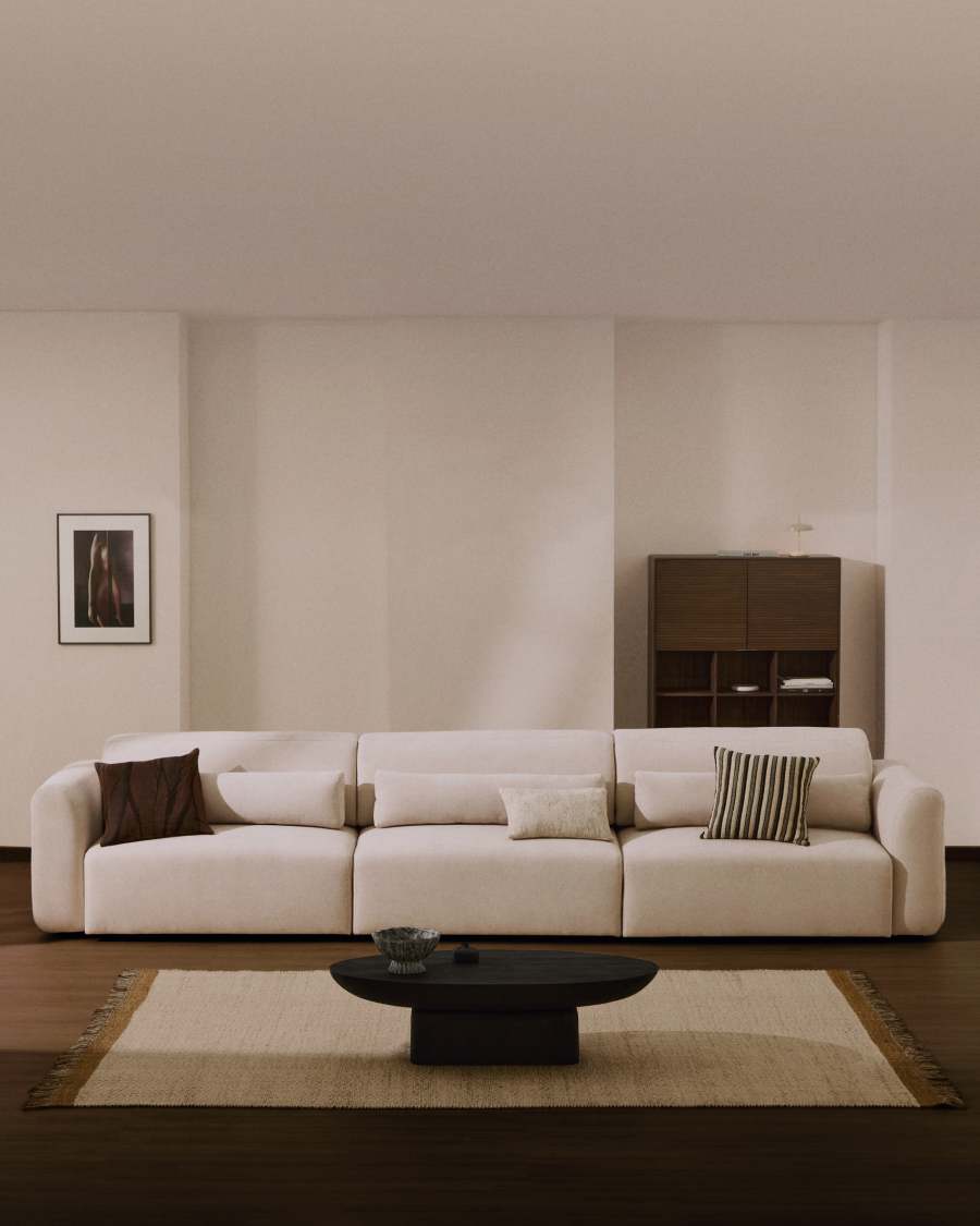 Lares 6-seater sofa with motorised sliding seats and reclining headrest in beige chenille 410cm