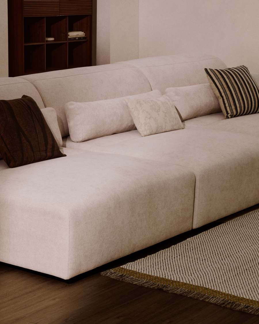 Lares 6-seater sofa with motorised sliding seats and reclining headrest in beige chenille 410cm