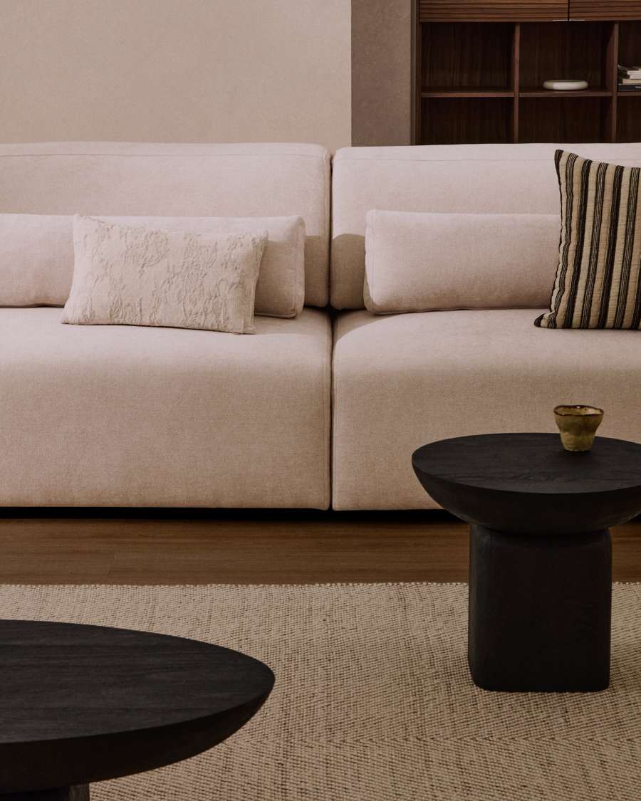 Lares 6-seater sofa with motorised sliding seats and reclining headrest in beige chenille 410cm