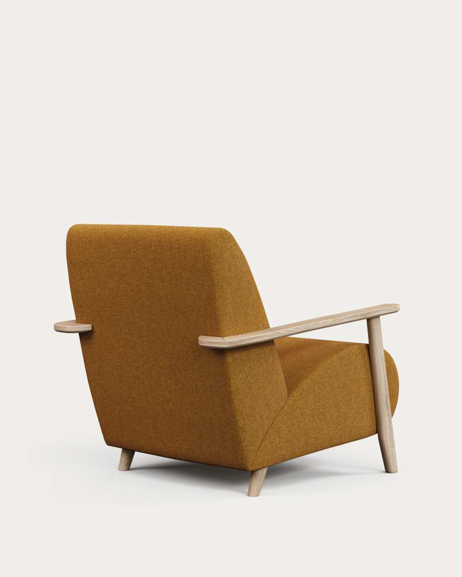 Meghan fire-retardant armchair in mustard bouclé and solid ash wood with natural finish FSC Mix Credit