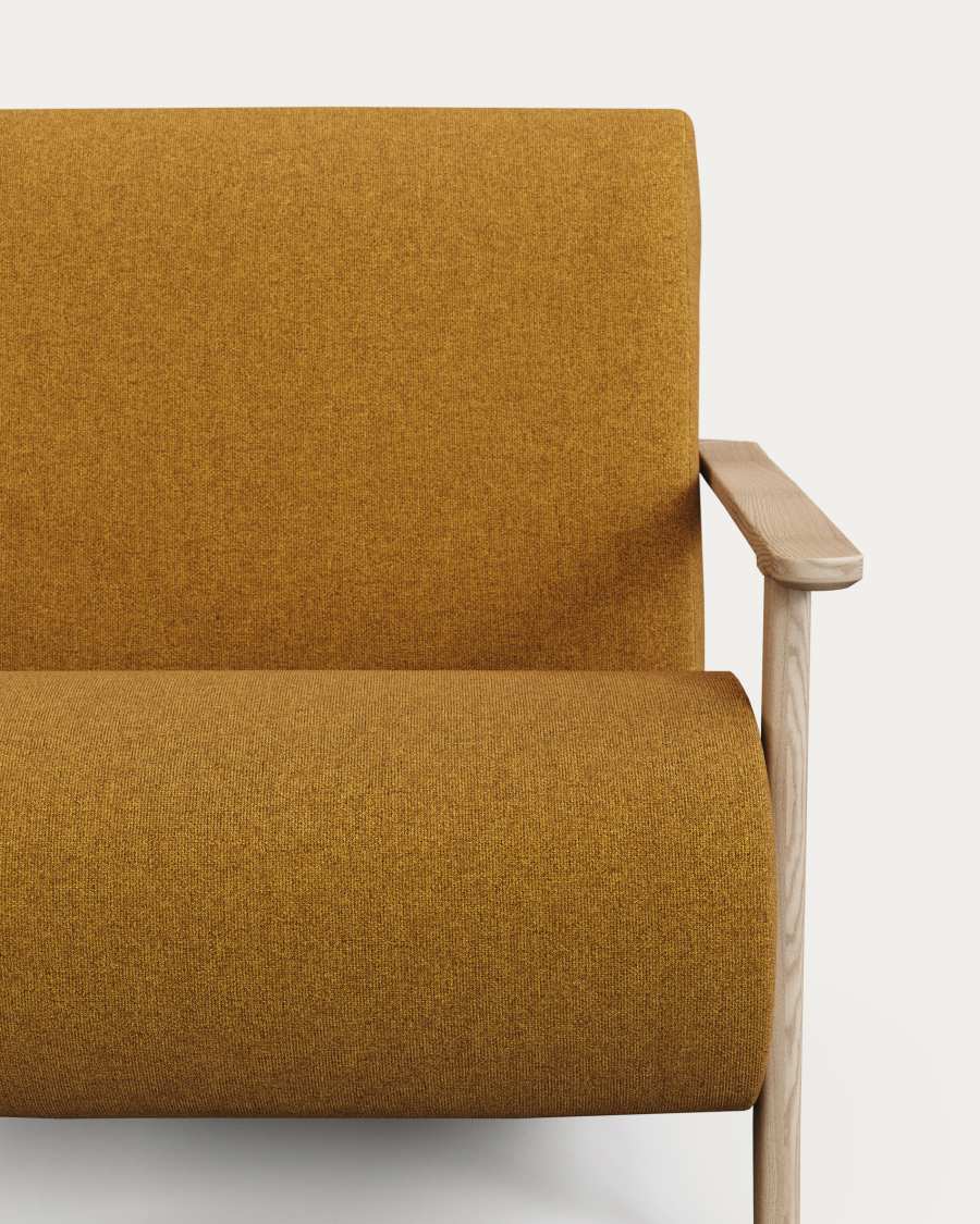 Meghan fire-retardant armchair in mustard bouclé and solid ash wood with natural finish FSC Mix Credit