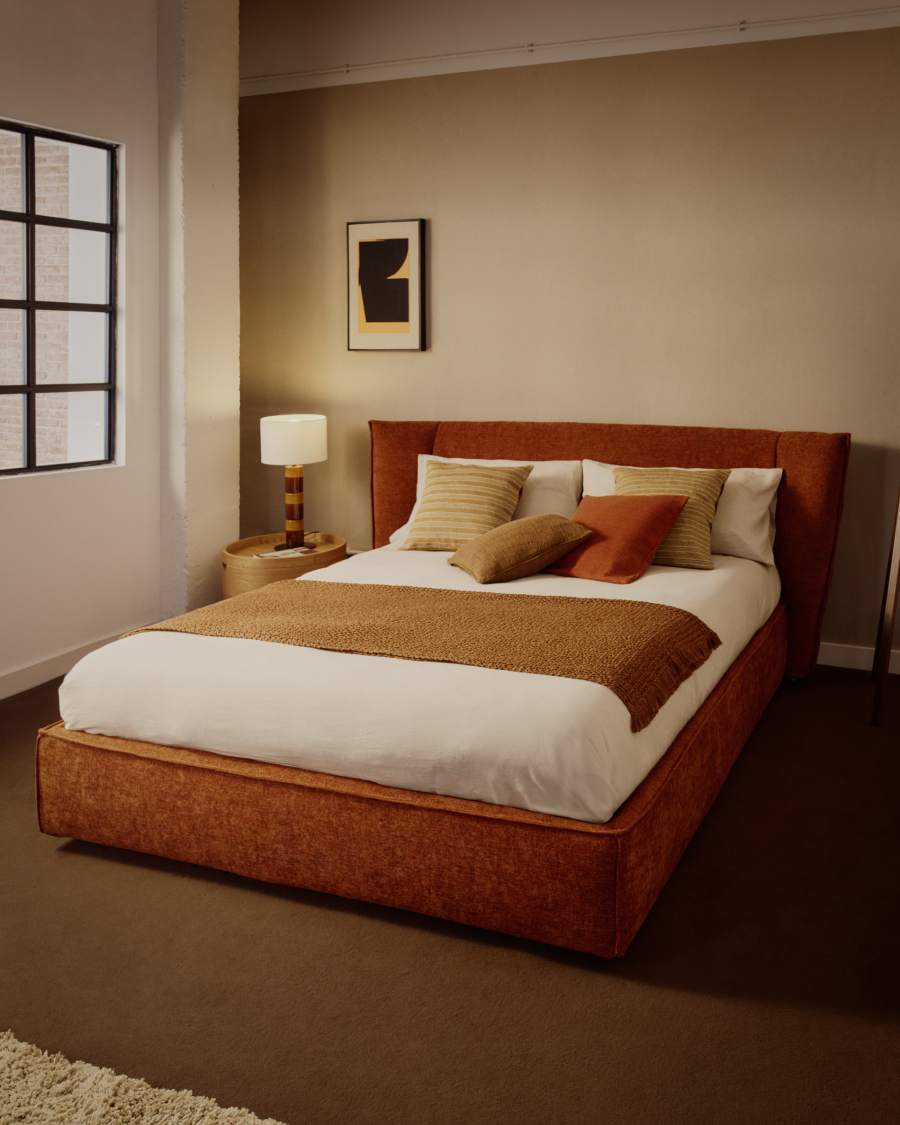Arvian terracotta chenille removable-cover bed with lift-up storage base for a 180 x 200 cm mattress