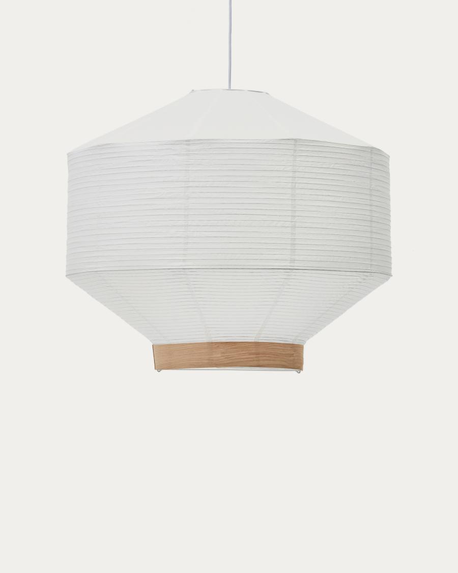 Abat-jour pour suspension Hila en papier blanc et placage en bois naturel Ø 80 cm