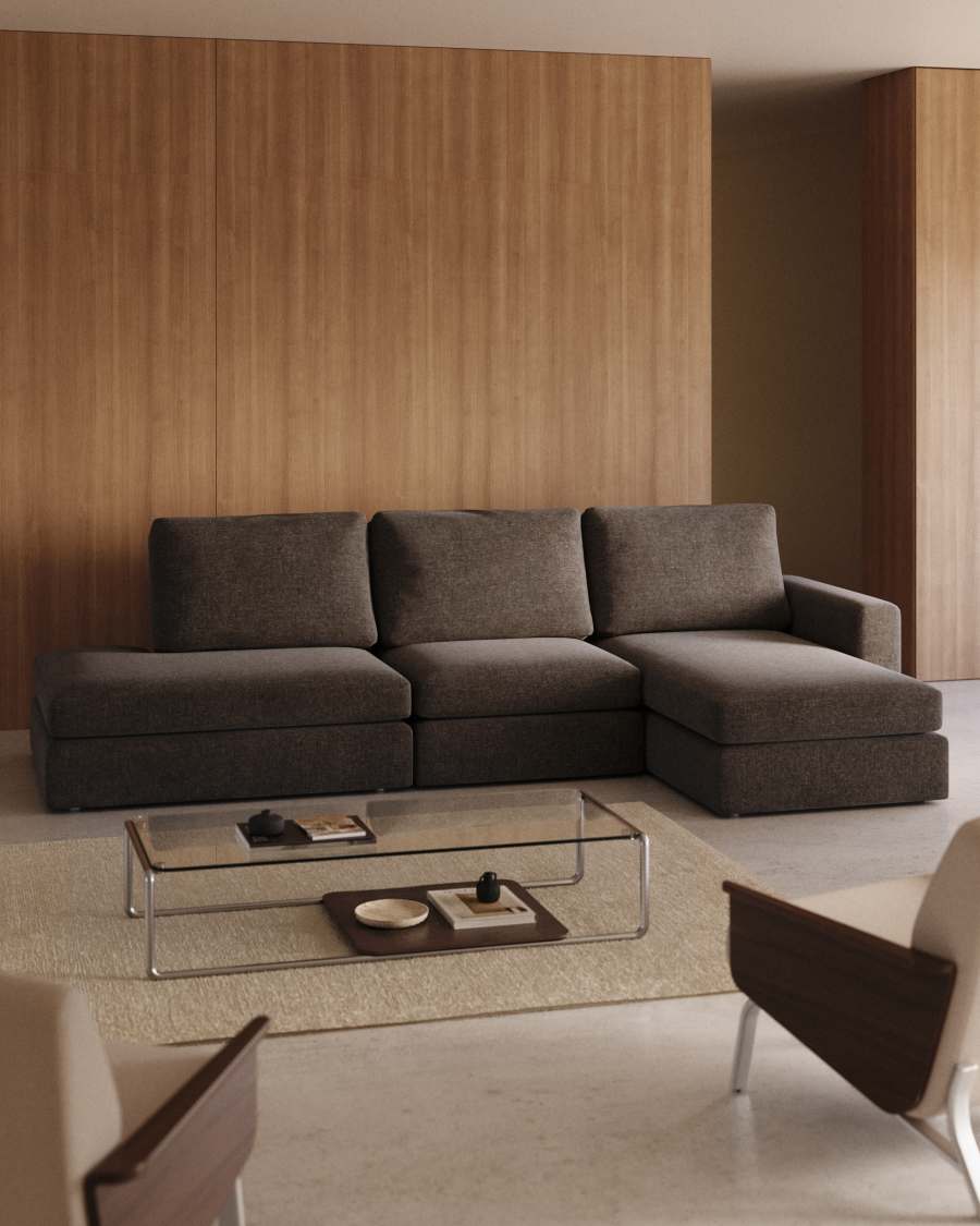 Alea dark brown chenille 5-seater modular sofa with right chaise longue and removable cover 340cm