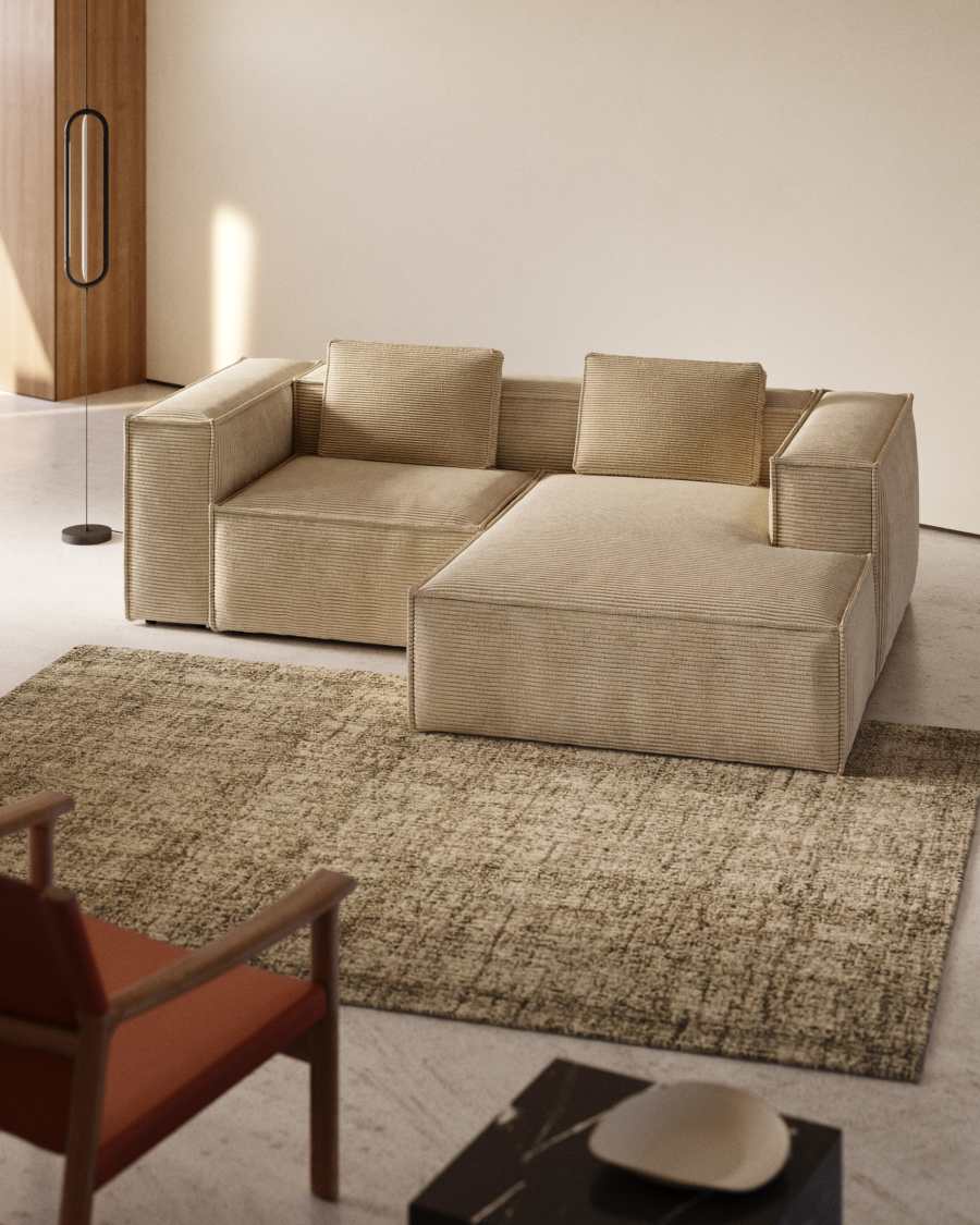 Blok fire-retardant 2-seater sofa with right chaise longue in thick ecru corduroy 240cm FSC Mix Credit