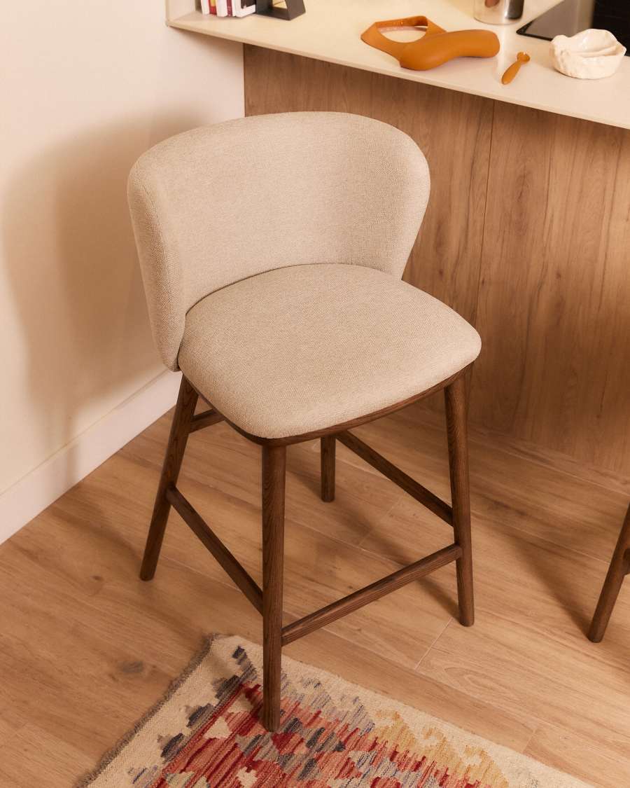 Ciselia beige chenille stool with solid ash wood legs with walnut-coloured finish FSC Mix Credit 65cm