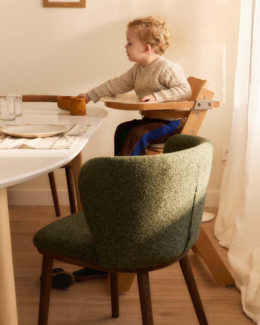 Ciselia dark green thick chenille chair with solid ash wood legs with walnut-coloured finish FSC Mix Credit