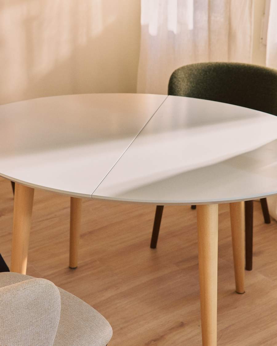 Oqui oval extendable MDF table with white lacquer and solid beech legs 120 (200) x 90 cm