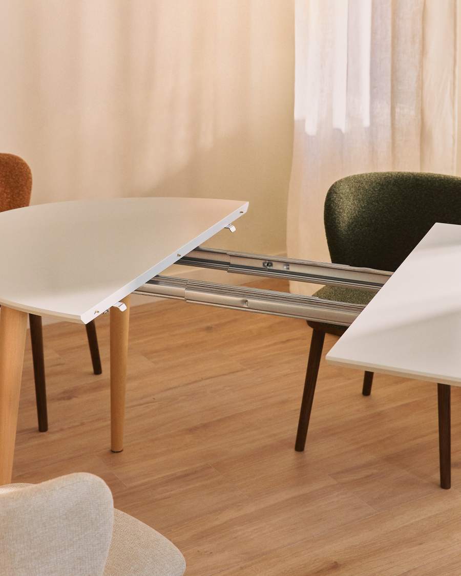 Oqui oval extendable MDF table with white lacquer and solid beech legs 120 (200) x 90 cm