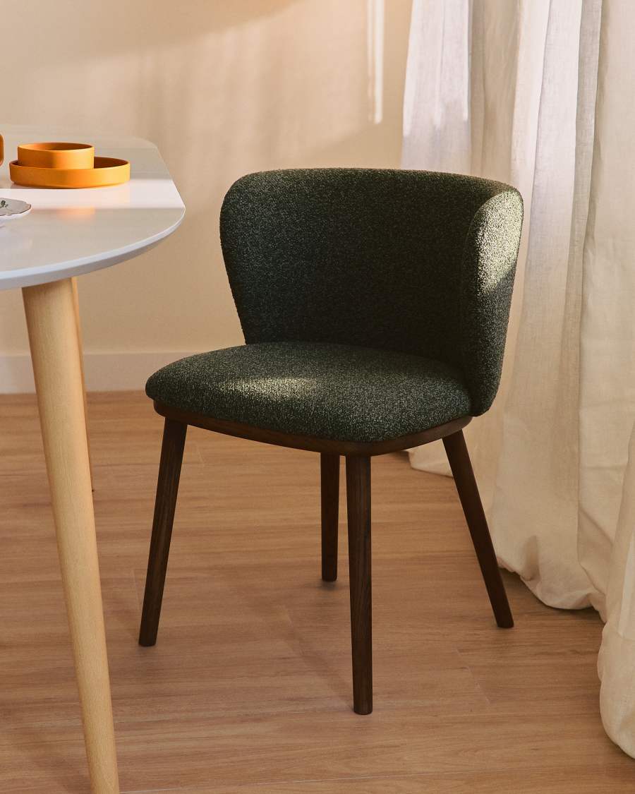 Ciselia dark green thick chenille chair with solid ash wood legs with walnut-coloured finish FSC Mix Credit