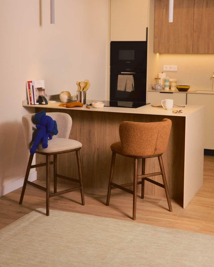 Ciselia terracotta thick chenille stool with solid ash wood legs with walnut-coloured finish FSC Mix Credit 65cm