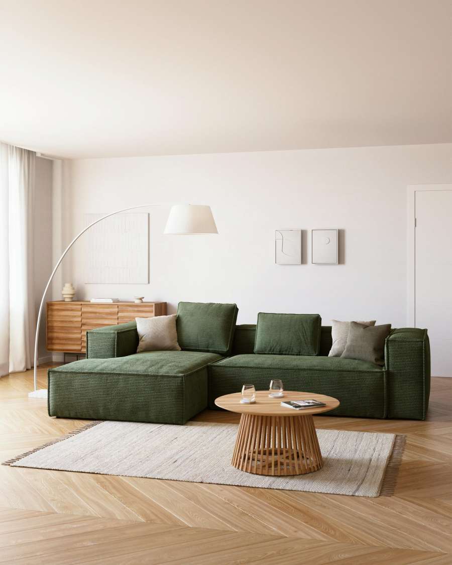 Blok fire-retardant 3-seater sofa with left chaise longue in thick green corduroy 300cm FSC Mix Credit