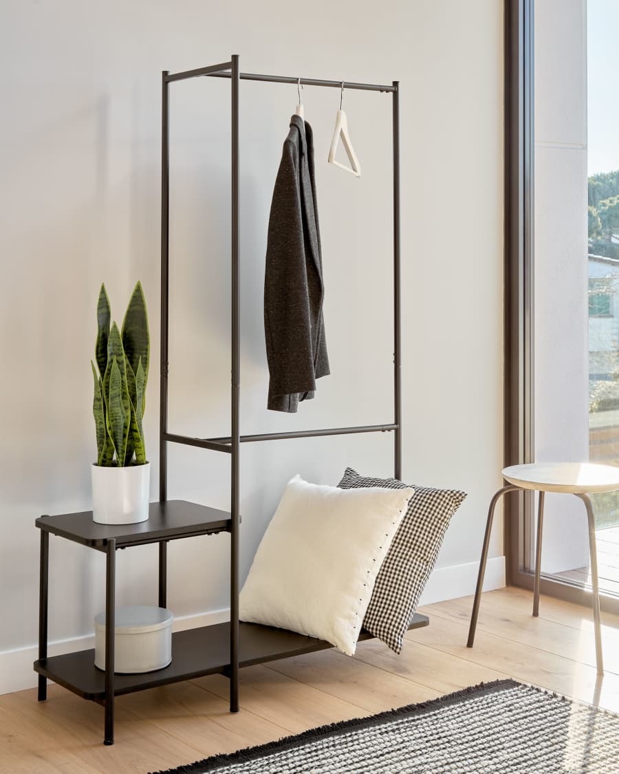 Galatia Wand-Kleiderständer mit Bank aus Melamin und Metall schwarzes Finish 100 x 150 cm