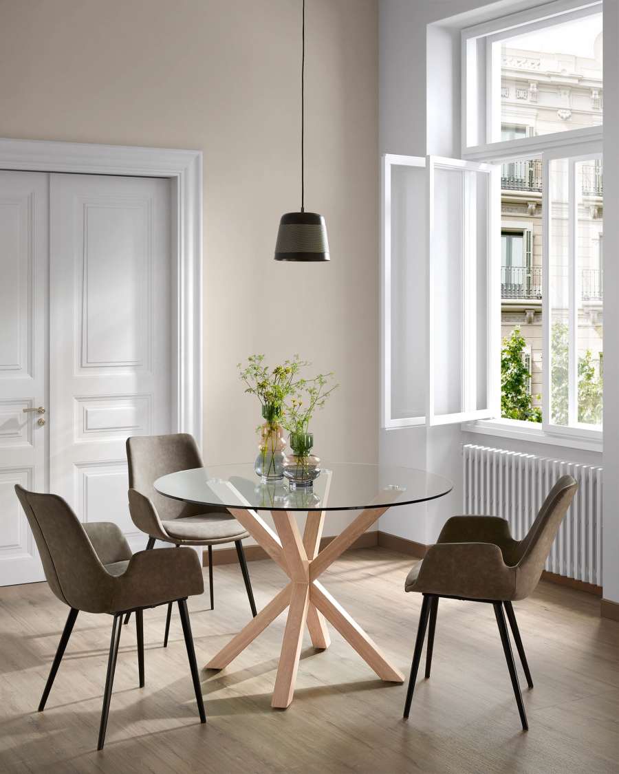 Argo runder Tisch aus Glas und Stahlbeine mit Holzoptik Ø 119 cm