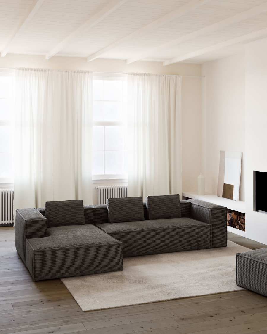 Blok fire-retardant 3-seater sofa with left chaise longue in thick grey corduroy 300cm